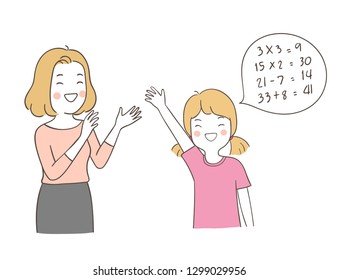 Vector illustration character design teacher clapping to happy girl answer math in speech bubble.School concept.Draw doodle cartoon style.