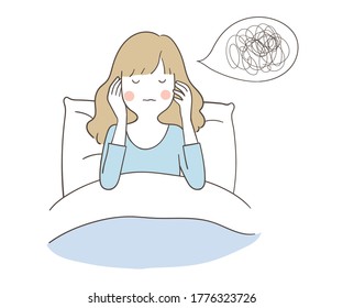 Vector illustration character design unhappy woman suffers from insomnia.Can't sleep all night.Doodle cartoon style.