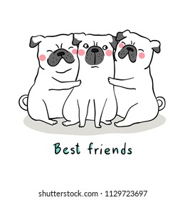 Dibujo vectorial diseño perro pug blanco abrazo con amor y palabras mejor amigo. Aislado en blanco. Dibujo de dibujo animado.