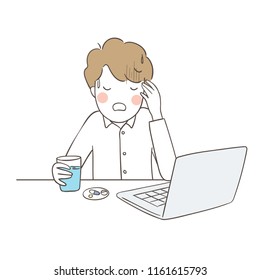 Vector illustration character design young man feel headache from work hard.Isolated on white color.Draw doodle cartoon style.