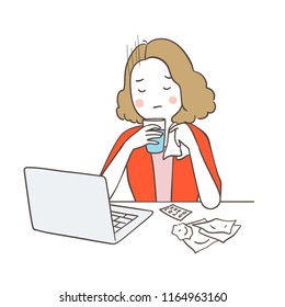 Vector illustration character design young woman with headache from work hard and taking pill.Isolated on white color.Draw doodle cartoon style.