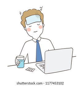 Vector illustration character design young man feel headache from work hard.Isolated on white color.Draw doodle cartoon style.