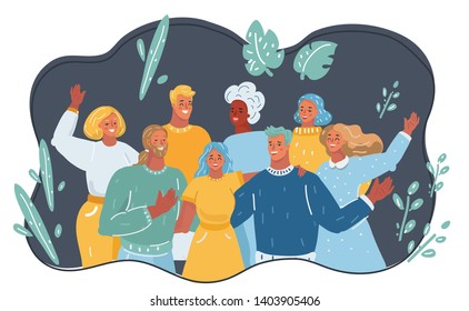 Vector illustration of character of diverse happy people, teenager, smiling and joyful together. Team, coworkers, friends or relatives.