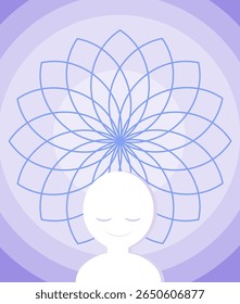 Vector illustration of a character doing yoga with a lotus flower and lavender background.