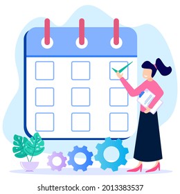 Ilustración vectorial. los empresarios de personajes crean sus horarios de trabajo. Elaborar planes y objetivos. Diseño de organigrama para la programación de tareas de la semana - Vector - Vector.