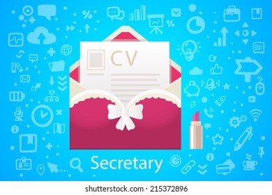 Vector illustration of character envelope office occupation with a summary on the blue background with different icons