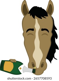 Caricatura del caballo de la cara del personaje de la Ilustración vectorial, bebiendo champán o sidra de la botella