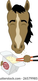 Vektorgrafik Figur Gesicht Pferd Cartoon, Essen chinesisch Essen in einem Karton Reis mit Stäbchen