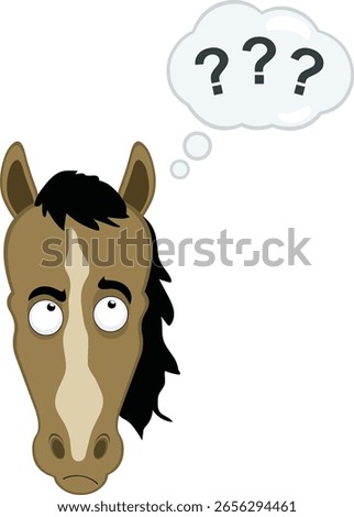 vector illustration character face horse cartoon, with a doubtful or thinking expression and a thought cloud with question marks