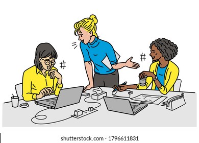 Vector illustration character of female office workers, working together with cheerful and happy expression. Diversity, multi-ethnic, asian, caucasian, african american. Outline, thin line art design.