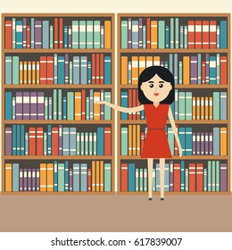 Vector illustration. Character in a flat style. The girl at the bookcases