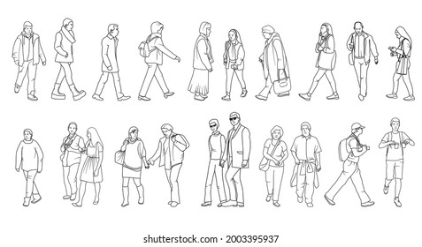 Vector illustration character full length people  man   woman  walking  diversity  multi  ethnic  side view  Outline  linear  doodle  hand drawn sketch  simple black   white line art 