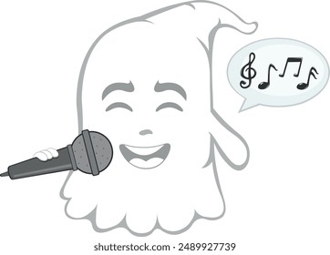 vector illustration character ghost cartoon, singing with a microphone in hand, a speech bubble and musical notes