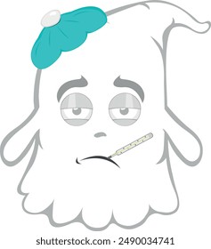 vector illustration character ghost cartoon, sick with a thermometer in his mouth and a bag of water on his head