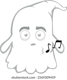 vector illustration character ghost cartoon, whistling with musical notes on the lips