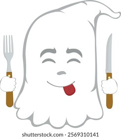 vector illustration character ghost cartoon, an expression of yummy how delicious with a knife and fork in his hands