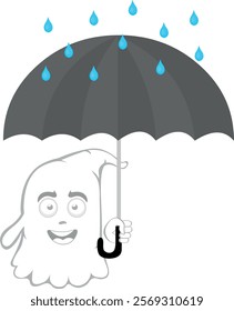 vector illustration character ghost cartoon, on a rainy day with an umbrella and raindrops falling