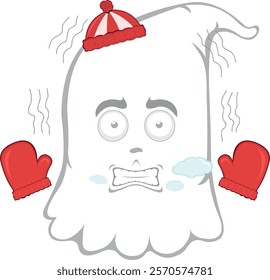 vector illustration character ghost cartoon, shivering cold, wearing gloves and a winter hat, with breath vapor in his mouth