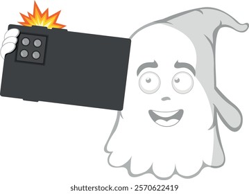 vector illustration character ghost cartoon, doing a selfie photo with mobile phone or smartphone