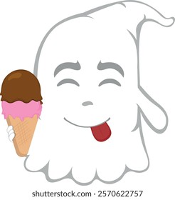 vector illustration character ghost cartoon, with an ice cream  wafer cone in his hand and an yummy expression