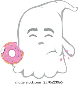 vector illustration character ghost cartoon, eating raspberry snack donut