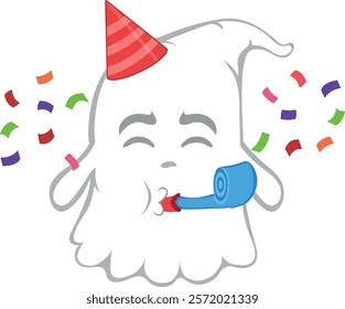 vector illustration character ghost cartoon, , with a party hat, serpentine and falling confetti paper