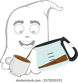 vector illustration character ghost cartoon, drinking a cup of coffee