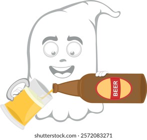 vector illustration character ghost cartoon, with a bottle of beer pouring into a glass