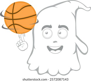 vector illustration character ghost cartoon, with a basketball sport spinning on the finger of the hand 