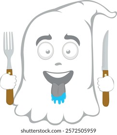 vector illustration character ghost cartoon, with a hungry expression, tongue sticking out with drool saliva, a knife and fork in his hands