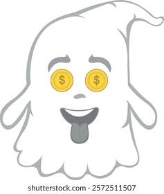 vector illustration character ghost cartoon, with an ambitious expression, coins in his eyes and his tongue sticking out