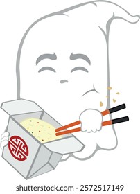 vector illustration character ghost cartoon, eating chinese food in a cardboard box of rice with chopsticks