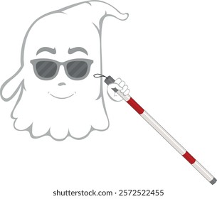 vector illustration character ghost cartoon, blind man with a cane in his hand and sunglasses