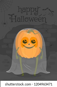 Vector illustration character ghost pumpkin on a dark background Halloween