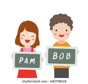 Vector illustration character a girl and a boy write name first day on board at school.Flat style.