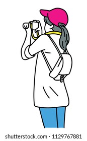 Vector illustration character of girl, female teenager, holding camera, looking at screen aiming to shooting photograph. Outline, linear, thin line art, hand drawn sketch, simple style.