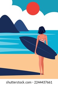 Vector illustration character girl on vacation surf goes to the ocean with a surfboard