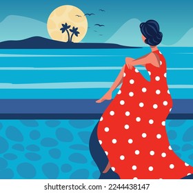 Vector illustration character girl on vacation in a red dress looks at the sunset and the ocean