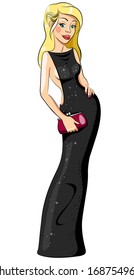 Vector illustration character. Glamorous Seductive blonde in a red evening dress with open back with clutches in her hands is smiling.  Perfect figure. All layers are organized and named