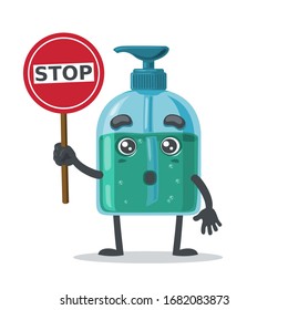 vector illustration of character or hand sanitizer mascot holding sign says stop