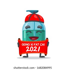 vector illustration of character or hand sanitizer mascot says happy chinese new year 2021