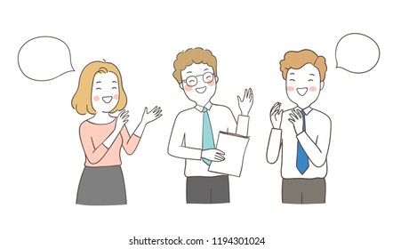 Vector illustration character happy business man woman clapping hands.Isolated on white color.Draw doodle cartoon style.