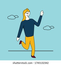 Vector illustration character happy business girl greeting say Hi Hello. Cartoon style man in glasses holding hand up. Girl giving high five for deal or congratulation.