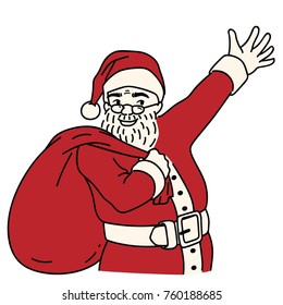 Vector illustration character of happy and smiling santa claus showing hand, presenting to blank space for your text or design. Outline, linear, thin line art, hand draw sketch style.