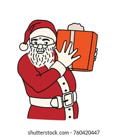 Vector illustration character of happy and smiling santa claus showing gift box in hands. Outline, linear, thin line art, hand draw sketch style.