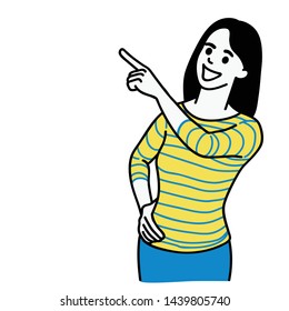 Vector illustration character of happy woman, in casual cloth, pointing up into blank space. Linear, thin line art, hand drawn sketch, simple design.