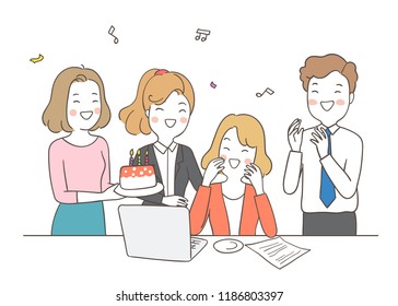 Vector illustration character  happy young business man and woman with cake celebrate birthday.Draw doodle cartoon style.