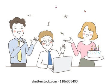 Vector illustration character  happy young business man and woman with cake celebrate birthday so funny.Draw doodle cartoon style.