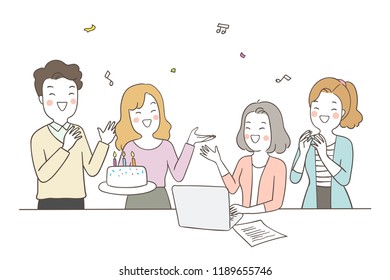 Vector illustration character  happy young business man and woman with cake celebrate birthday.Draw doodle cartoon style.
