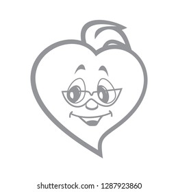 Vector illustration of the character heart boy terrible in sunglasses. Fiery flame of love in the children's picture of the animation character. Monochrome.